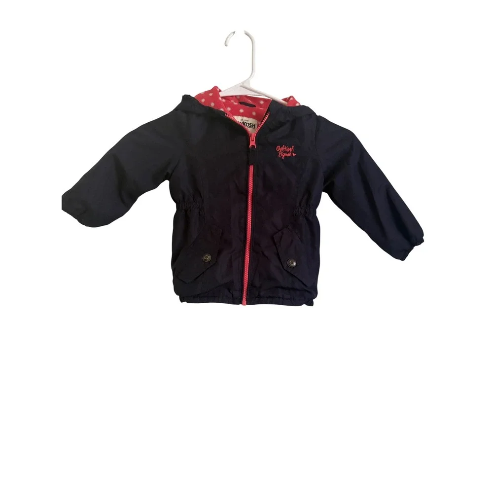 OshKosh Bgosh Girls Navy Blue Pink Polka Dot Fleece Lined Hooded Jacket 18M